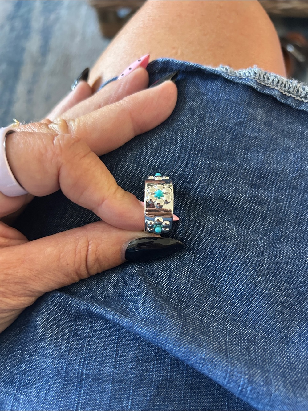 Floral Band Ring with Turquoise Accents